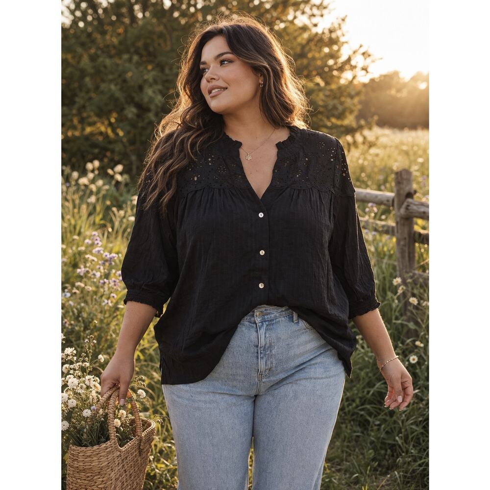 Mason & Belle Johnnie Black Eyelet Peasant Blouse Size L NWT | Cottagecore